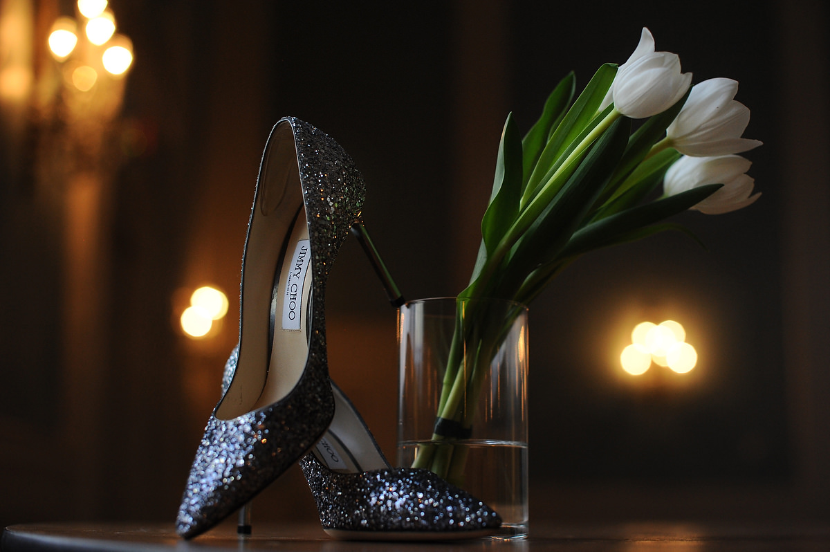 Detail shot of a pair of Jimmy Choos wedding shoes in The Mansion in Austin TX