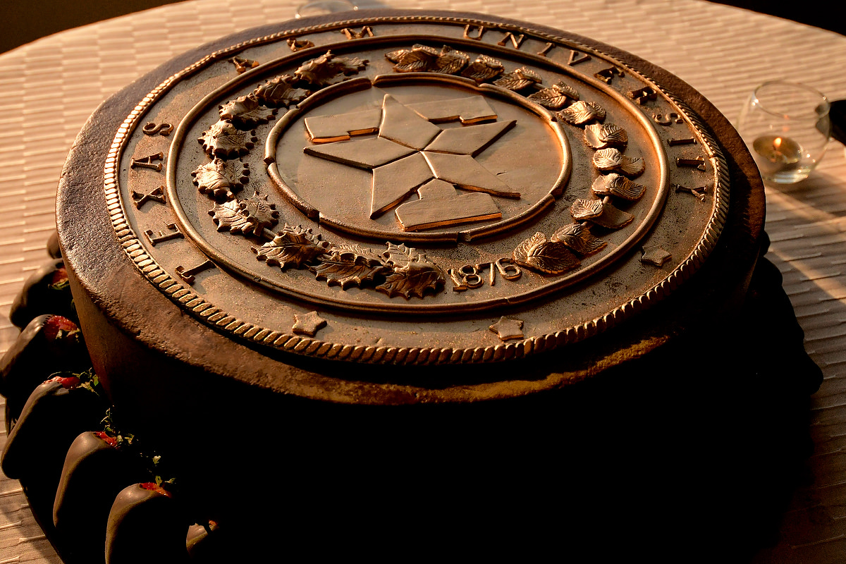 detail of a wedding cake with a decoration of the university of texas emblem
